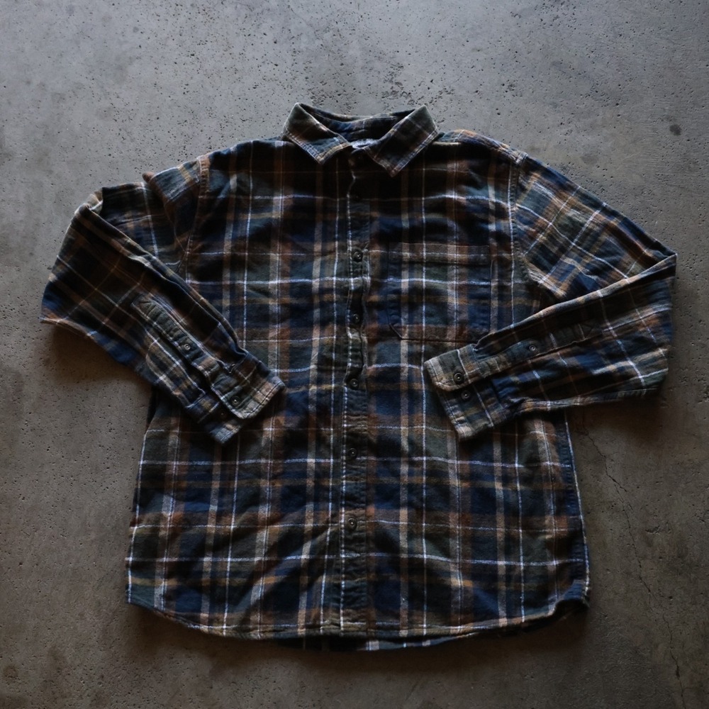 Eddie Bauer Mens Flannel Shirt Size Large Green Navy Brown Plaid Long Sleeve